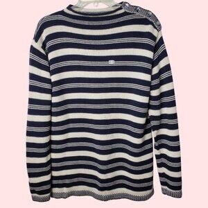 Laura Ashley Navy & White Striped Cotton Sweater Button Shoulder Womens Medium